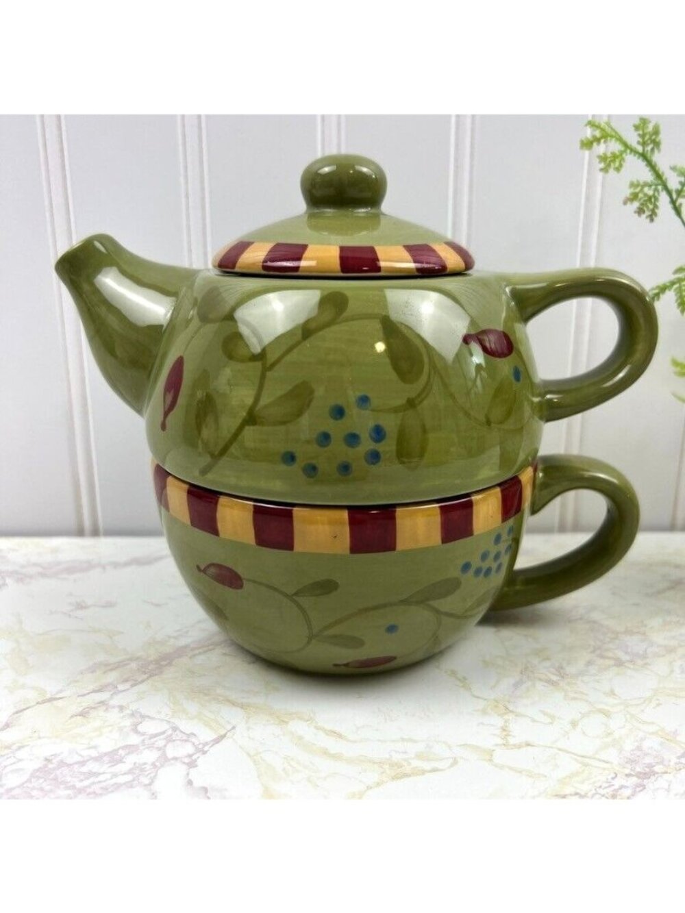 Vintage Debby Segura Olivia Green Ceramic Stackable Personal Teapot Mug Tea Set